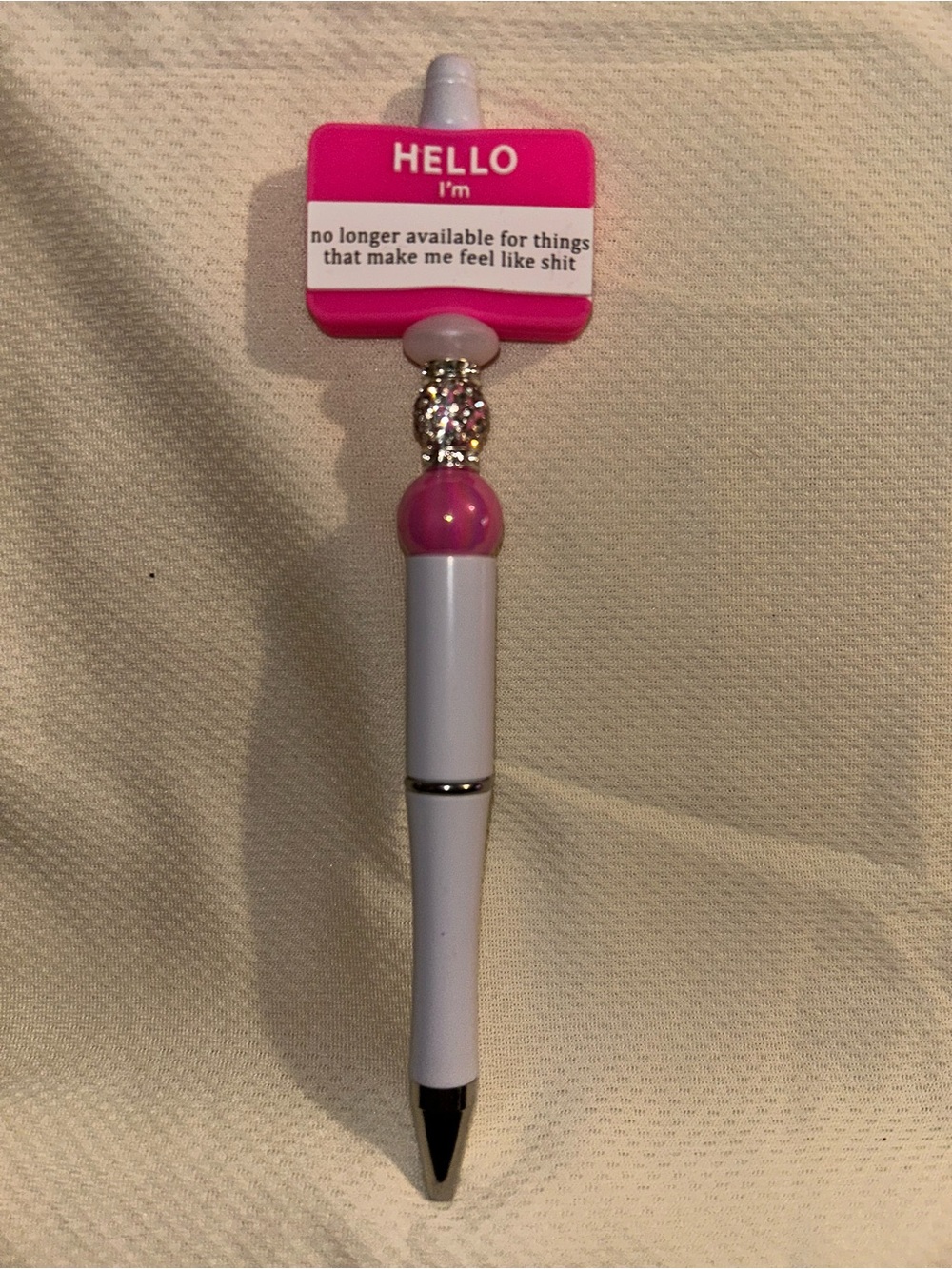 Hand Crafted Pink and White Decorative Stylus Pen with 'HELLO I'm' Tag
